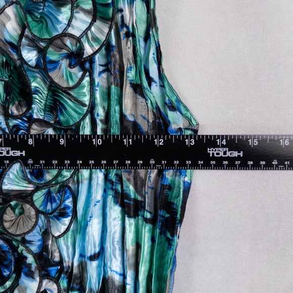 CATO Top Shirt Blouse Sz Medium Blue Green Satin Button Up Ruffles Crinkle Pleat - Picture 5 of 9